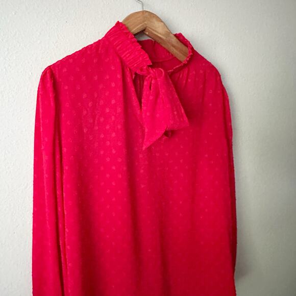 LOFT Red Mock Neck Tie Back‎ Long Sleeve Circle Jacquard Blouse women's size XL - Picture 7 of 10